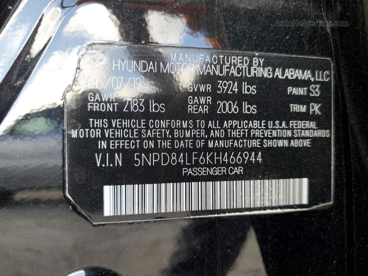 2019 Hyundai Elantra Sel Black vin: 5NPD84LF6KH466944