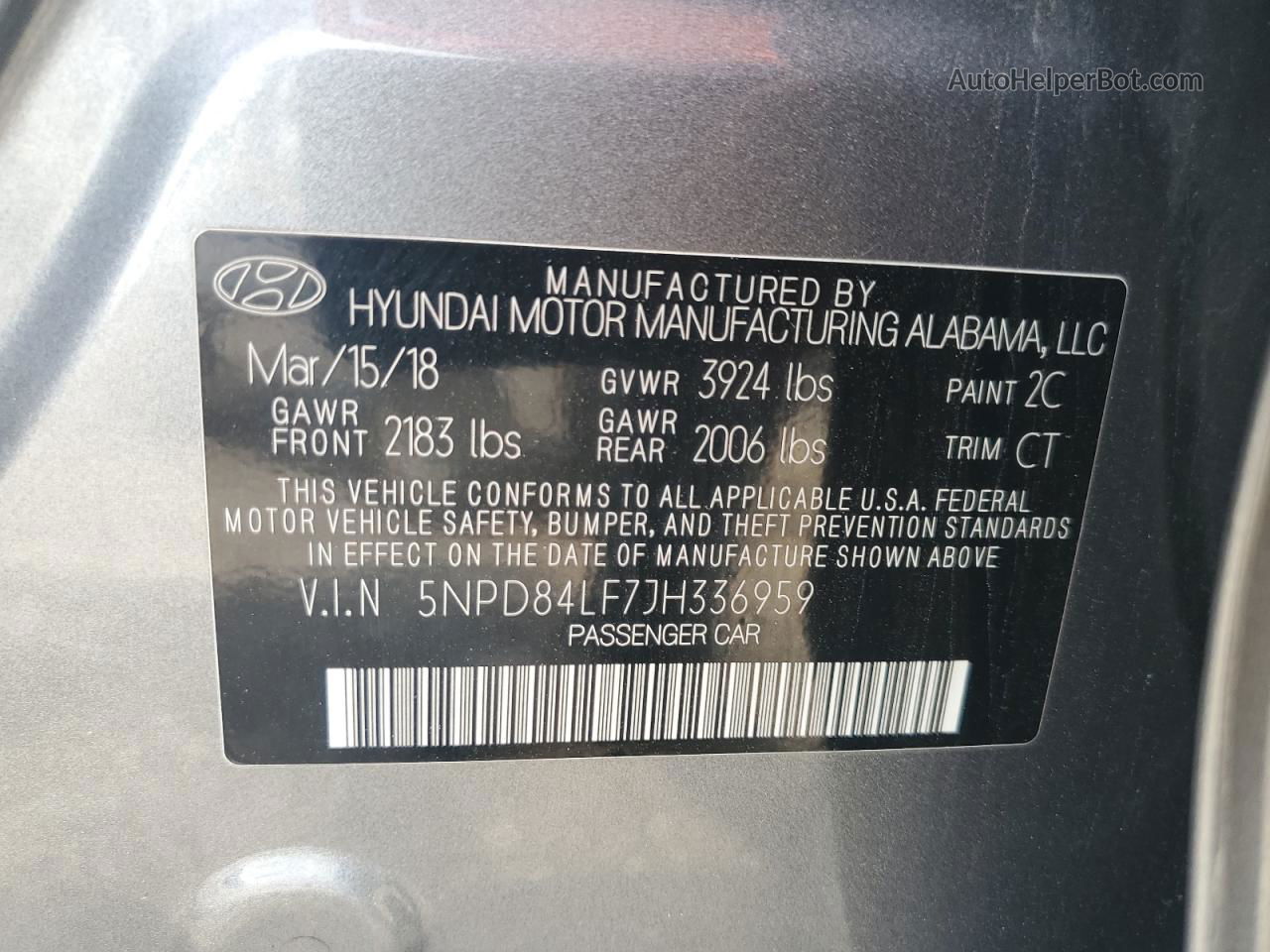 2018 Hyundai Elantra Sel Gray vin: 5NPD84LF7JH336959