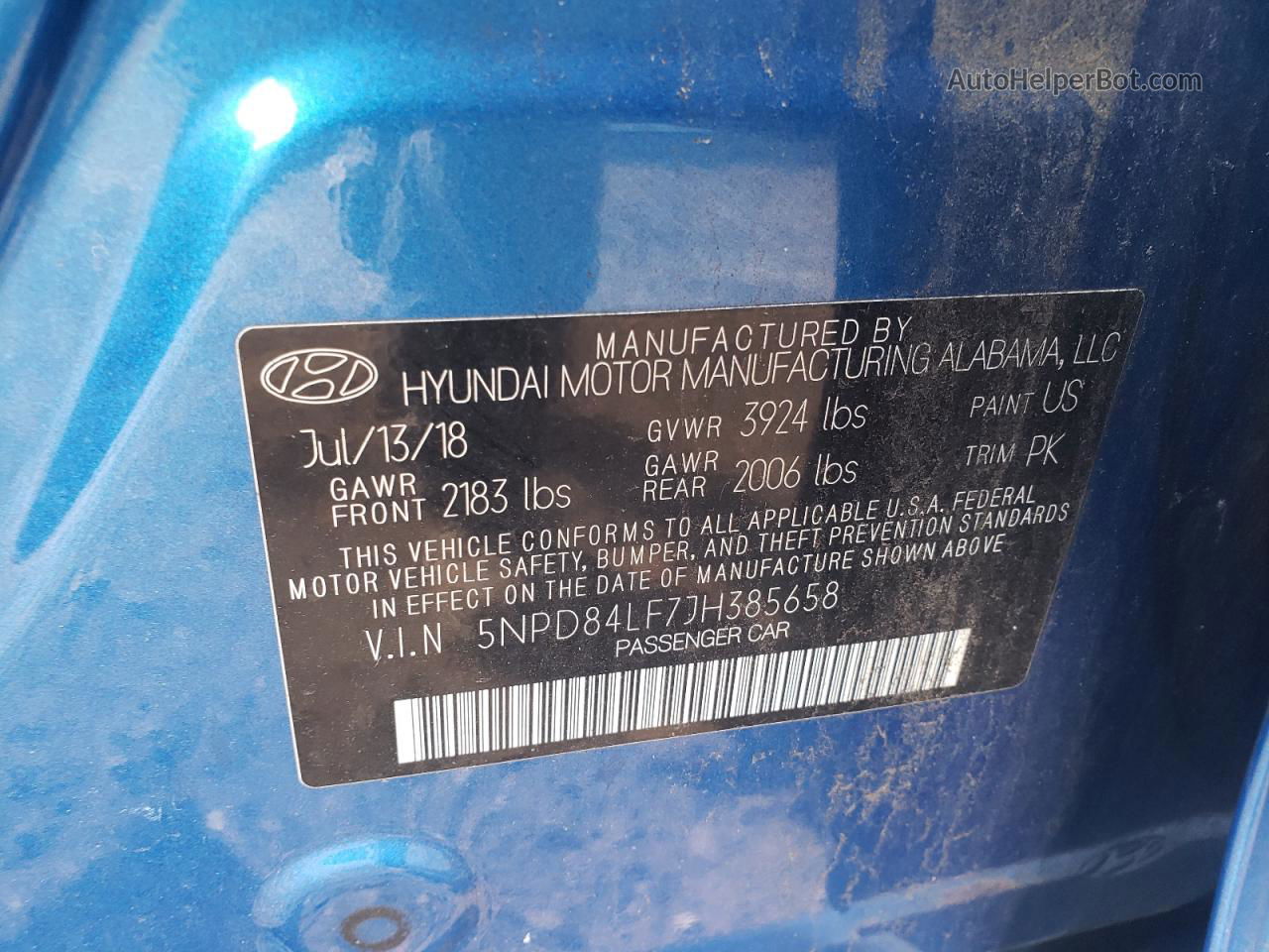 2018 Hyundai Elantra Sel Blue vin: 5NPD84LF7JH385658
