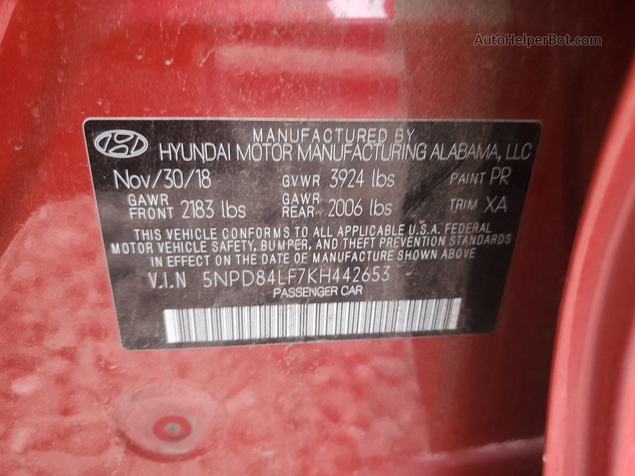 2019 Hyundai Elantra Sel Red vin: 5NPD84LF7KH442653