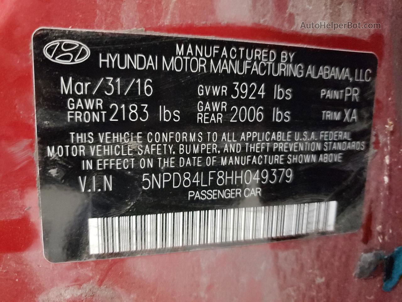 2017 Hyundai Elantra Se Red vin: 5NPD84LF8HH049379