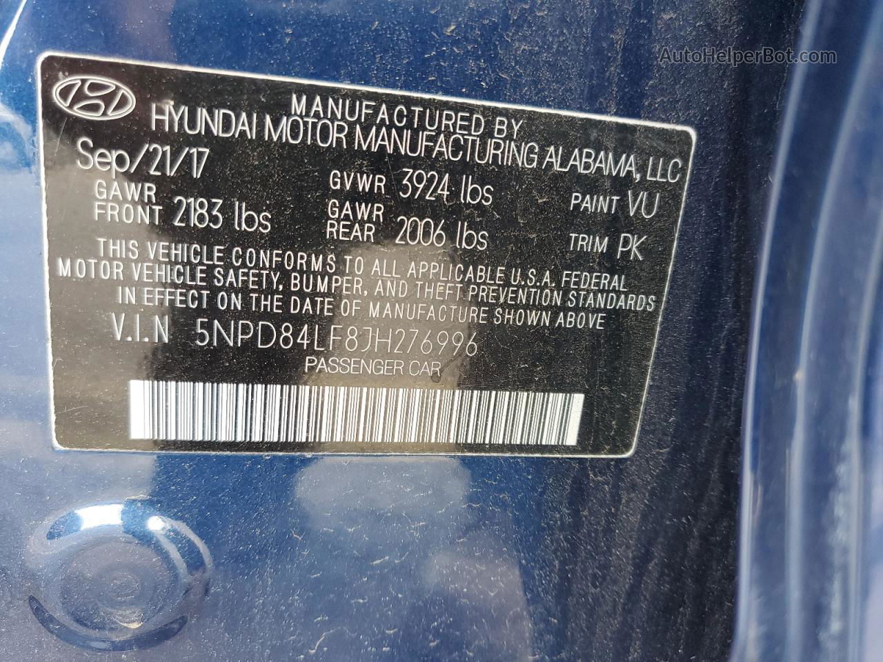 2018 Hyundai Elantra Sel Blue vin: 5NPD84LF8JH276996