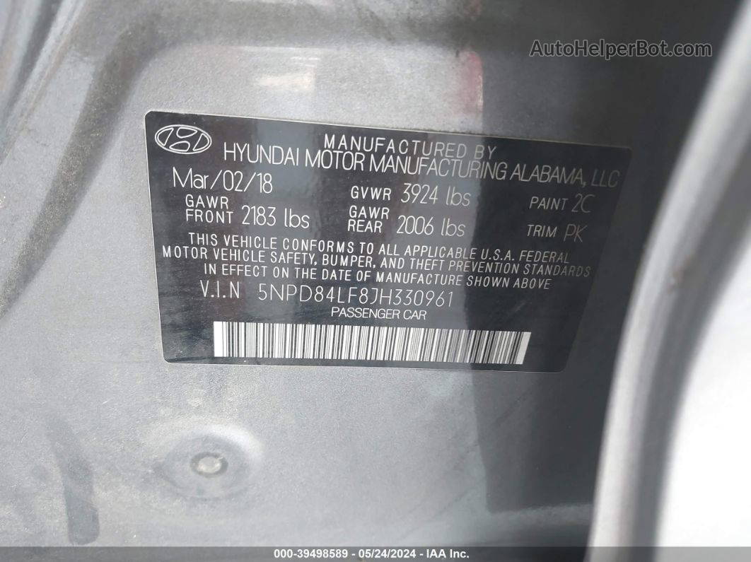 2018 Hyundai Elantra Sel Gray vin: 5NPD84LF8JH330961