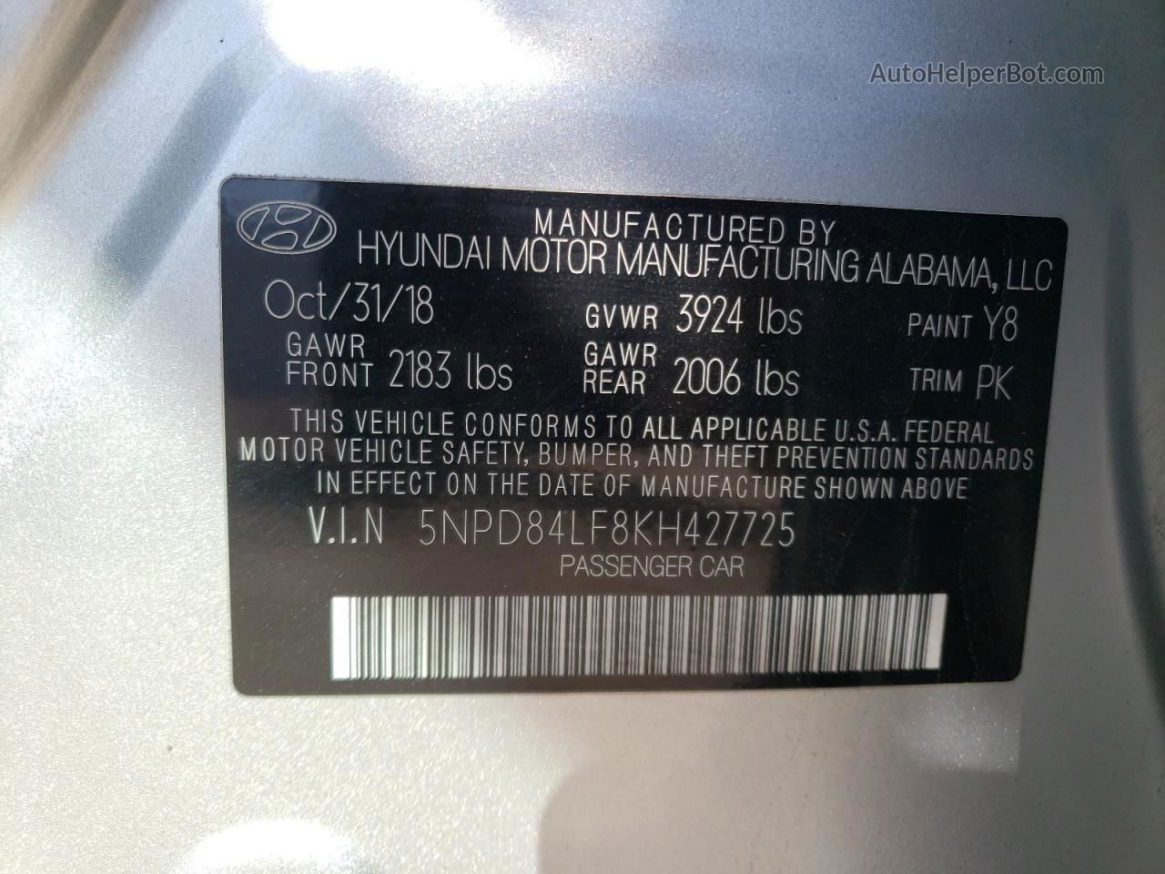 2019 Hyundai Elantra Sel Silver vin: 5NPD84LF8KH427725