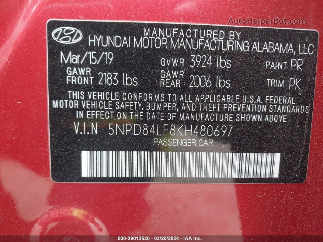 2019 Hyundai Elantra Value Edition Красный vin: 5NPD84LF8KH480697