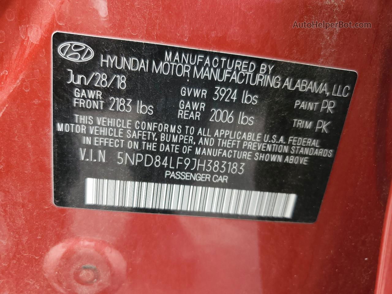 2018 Hyundai Elantra Sel Red vin: 5NPD84LF9JH383183
