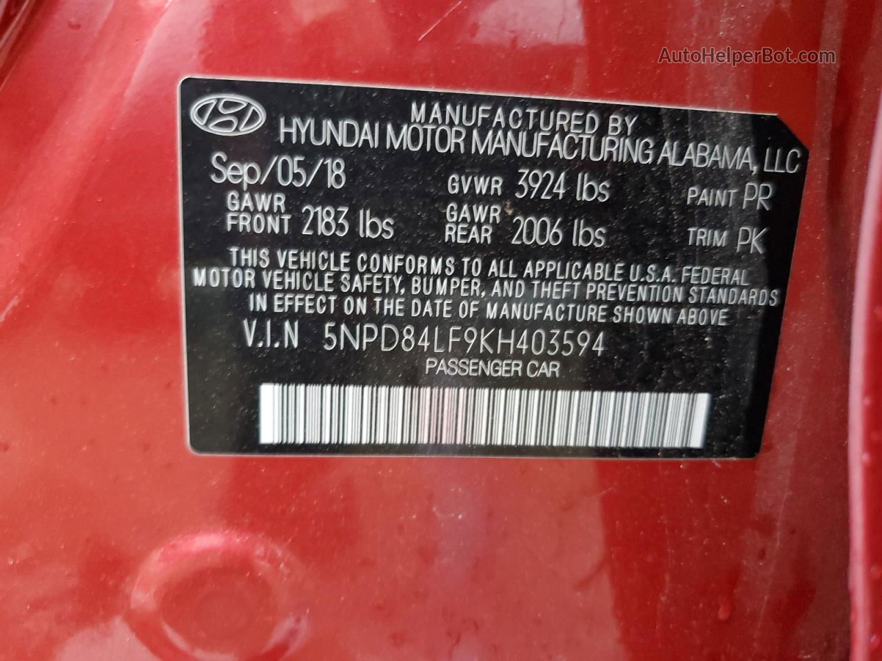 2019 Hyundai Elantra Sel Красный vin: 5NPD84LF9KH403594