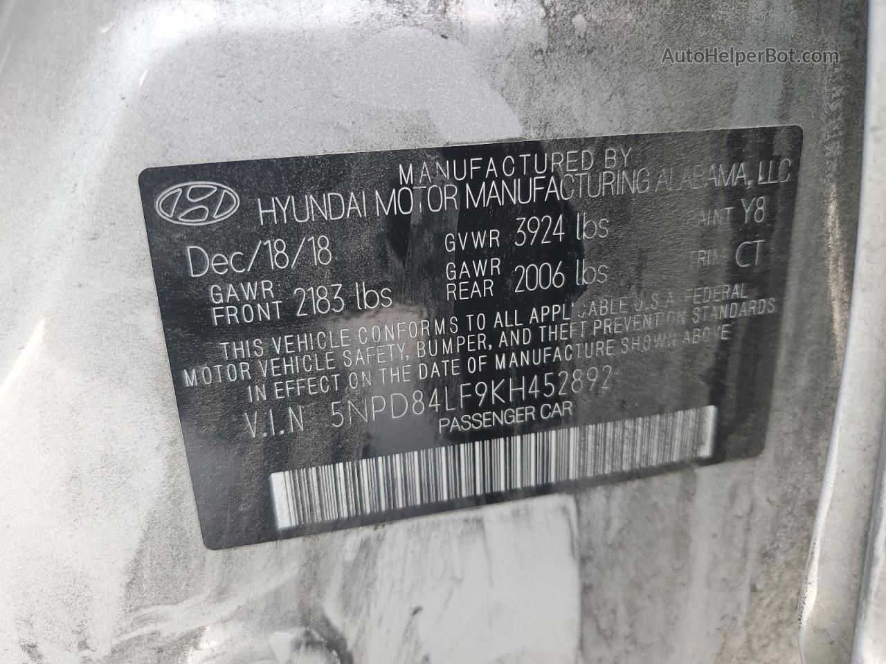 2019 Hyundai Elantra Sel Silver vin: 5NPD84LF9KH452892