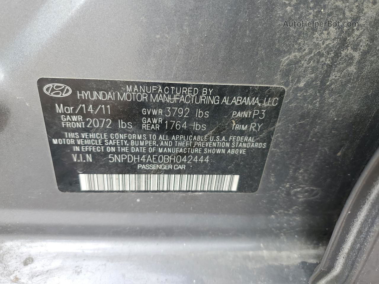 2011 Hyundai Elantra Gls Серый vin: 5NPDH4AE0BH042444