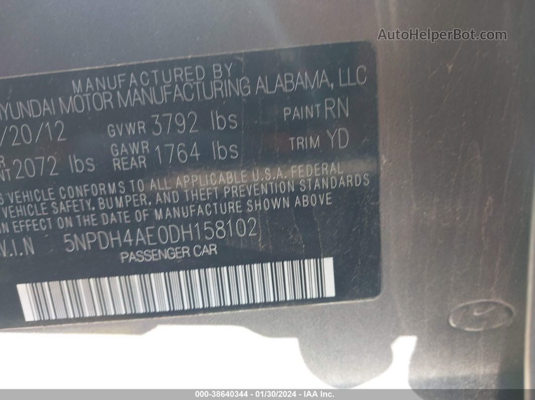 2013 Hyundai Elantra Limited Gray vin: 5NPDH4AE0DH158102