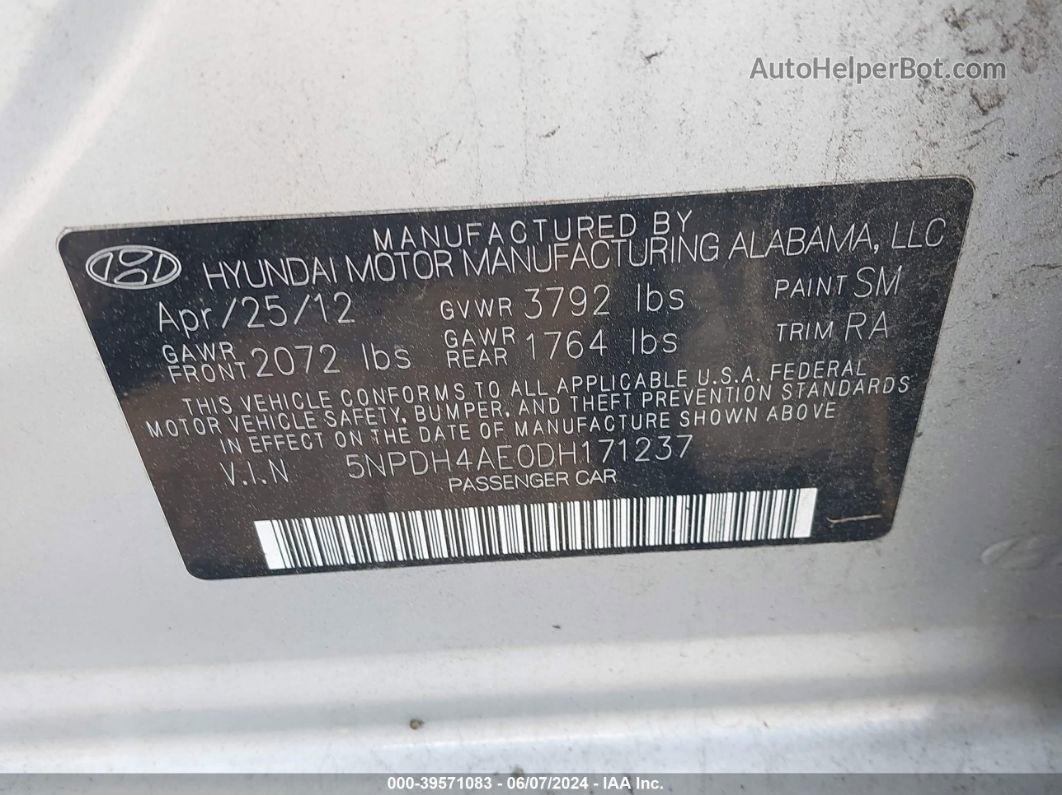 2013 Hyundai Elantra Gls Серебряный vin: 5NPDH4AE0DH171237