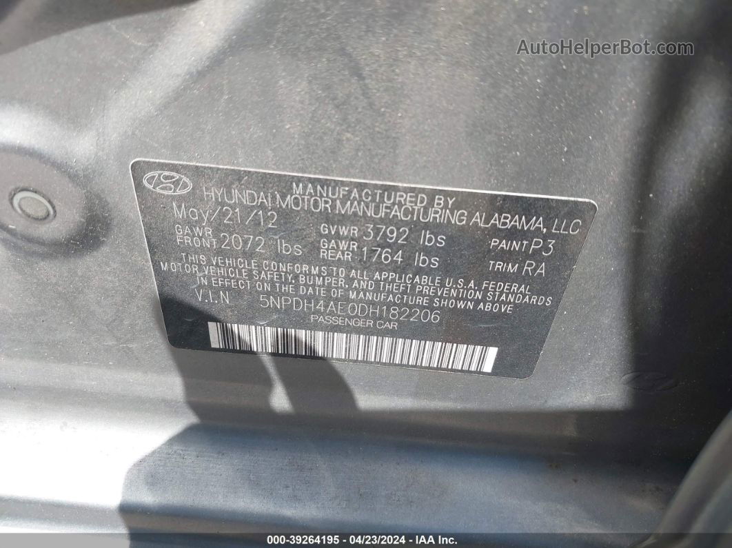 2013 Hyundai Elantra Gls Gray vin: 5NPDH4AE0DH182206