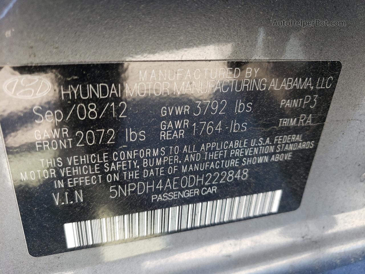 2013 Hyundai Elantra Gls Серый vin: 5NPDH4AE0DH222848