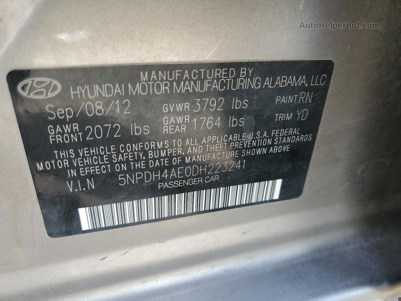 2013 Hyundai Elantra Gls Gold vin: 5NPDH4AE0DH223241
