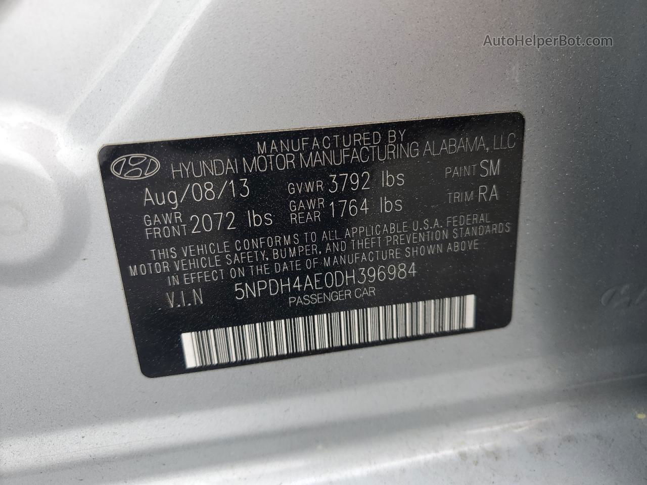 2013 Hyundai Elantra Gls Серебряный vin: 5NPDH4AE0DH396984