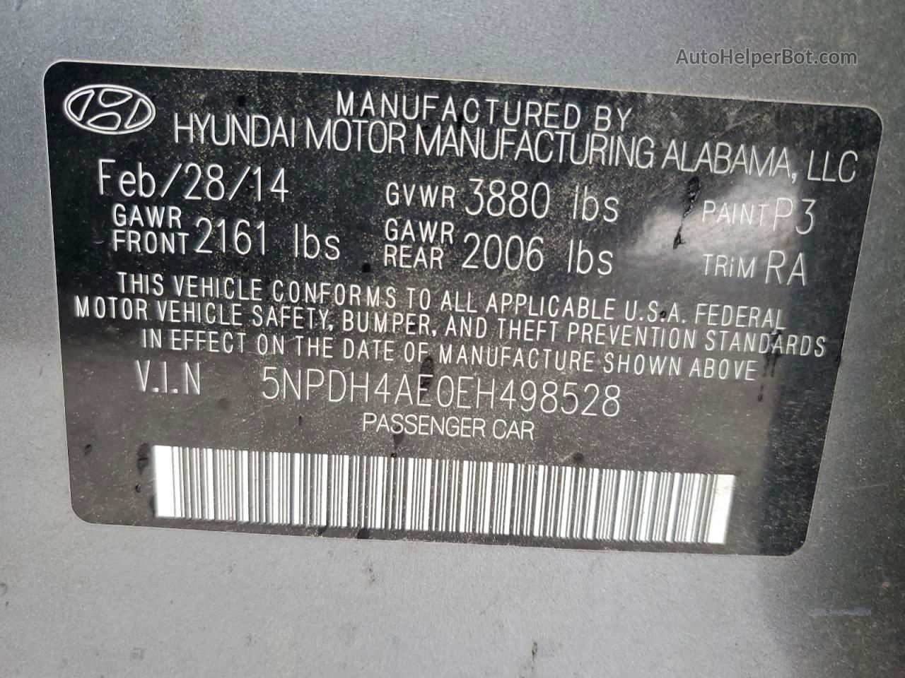 2014 Hyundai Elantra Se Gray vin: 5NPDH4AE0EH498528