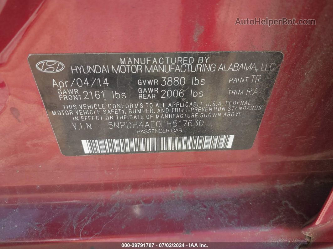 2014 Hyundai Elantra Se Red vin: 5NPDH4AE0EH517630