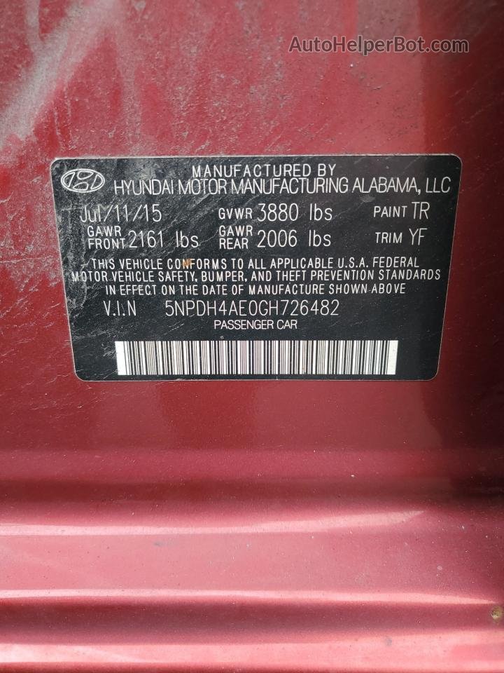 2016 Hyundai Elantra Se Red vin: 5NPDH4AE0GH726482