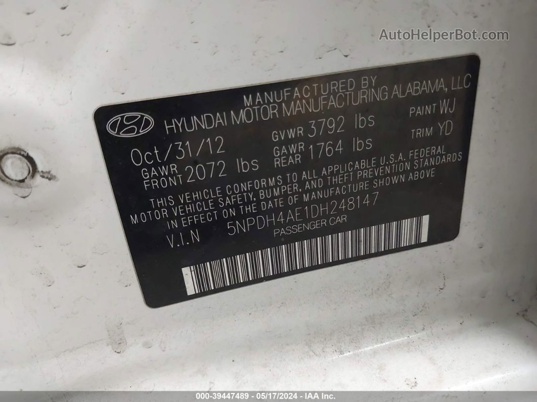 2013 Hyundai Elantra Gls Белый vin: 5NPDH4AE1DH248147