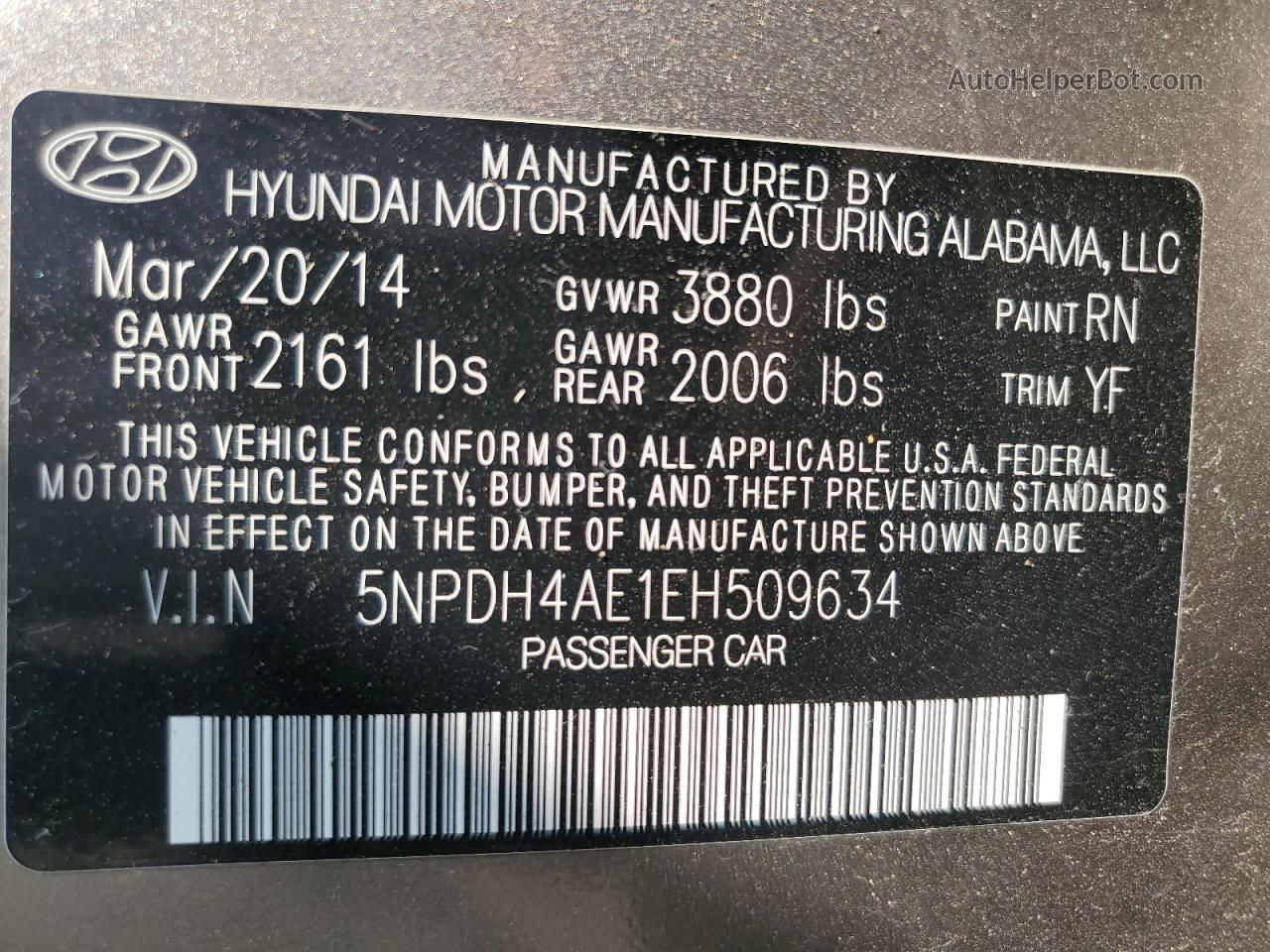 2014 Hyundai Elantra Se Tan vin: 5NPDH4AE1EH509634