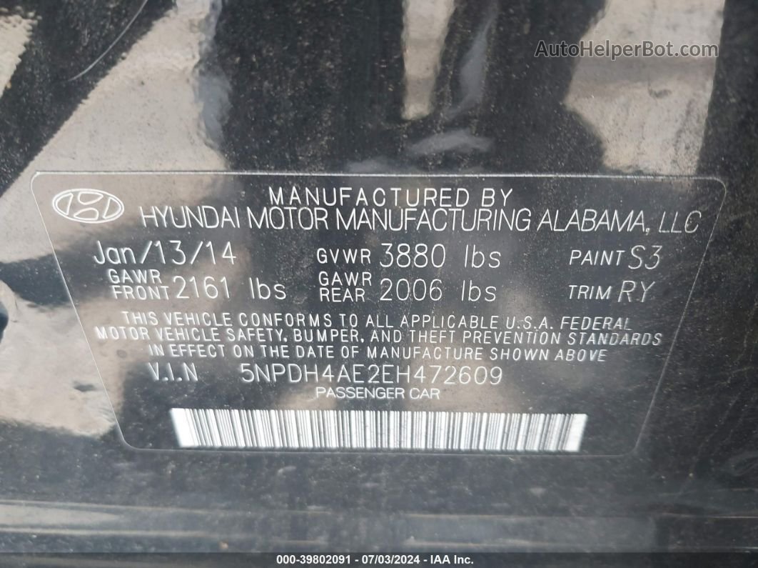 2014 Hyundai Elantra Limited Black vin: 5NPDH4AE2EH472609