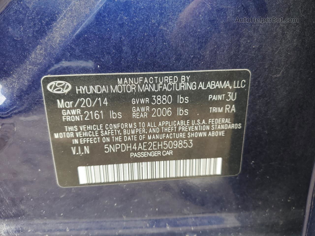 2014 Hyundai Elantra Se Синий vin: 5NPDH4AE2EH509853