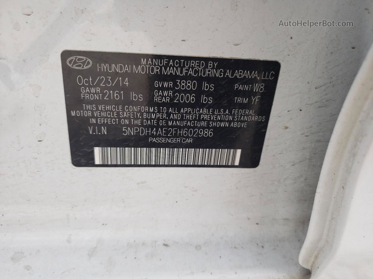 2015 Hyundai Elantra Se White vin: 5NPDH4AE2FH602986