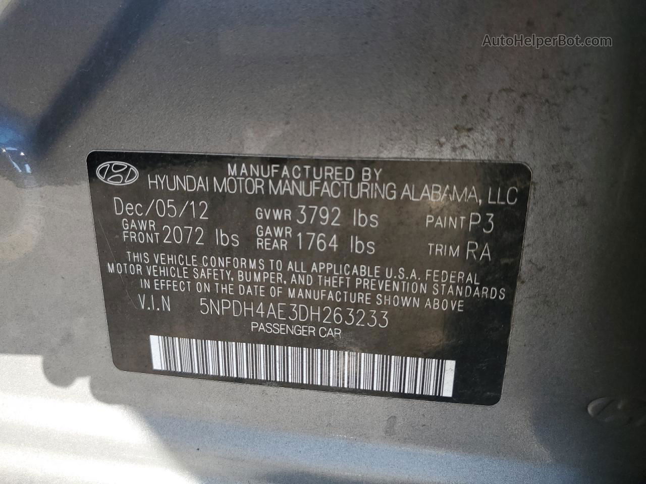 2013 Hyundai Elantra Gls Gray vin: 5NPDH4AE3DH263233