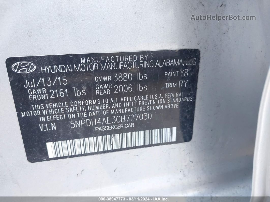 2016 Hyundai Elantra Value Edition Silver vin: 5NPDH4AE3GH727030