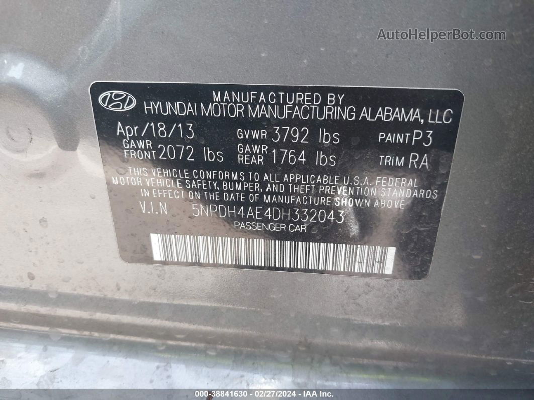 2013 Hyundai Elantra Gls Серый vin: 5NPDH4AE4DH332043