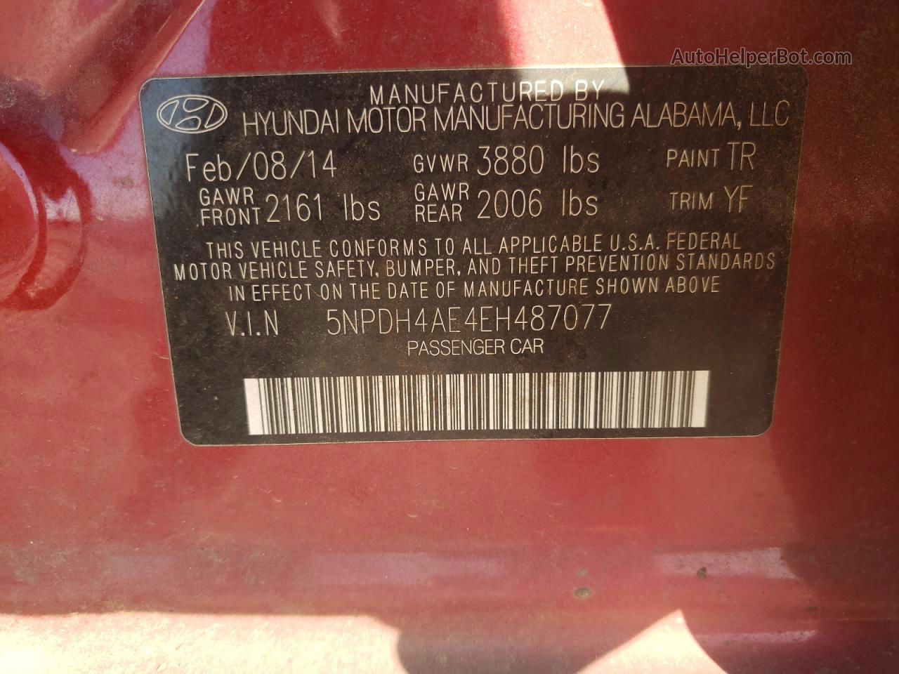2014 Hyundai Elantra Se Maroon vin: 5NPDH4AE4EH487077