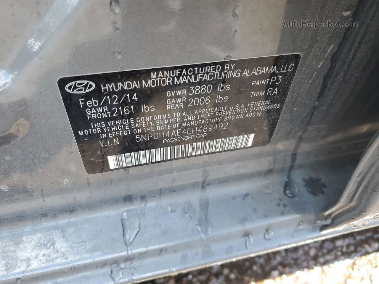 2014 Hyundai Elantra Se Charcoal vin: 5NPDH4AE4EH489492