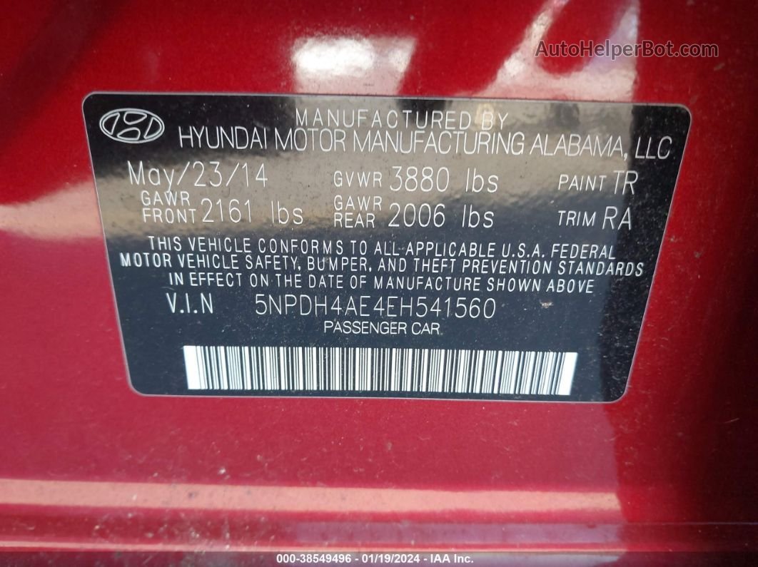 2014 Hyundai Elantra Se Red vin: 5NPDH4AE4EH541560