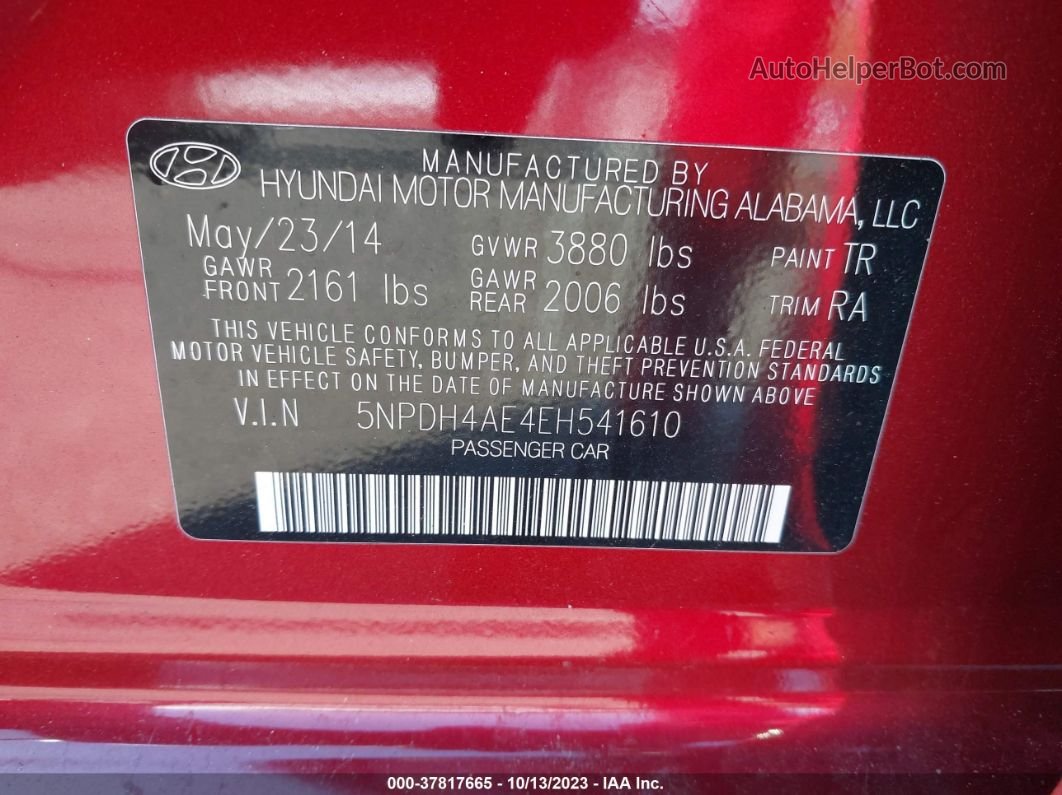 2014 Hyundai Elantra Se Red vin: 5NPDH4AE4EH541610