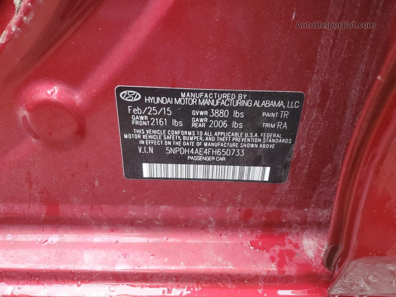 2015 Hyundai Elantra Se Red vin: 5NPDH4AE4FH650733