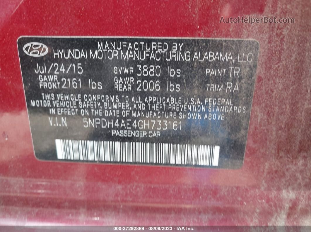 2016 Hyundai Elantra Se Red vin: 5NPDH4AE4GH733161