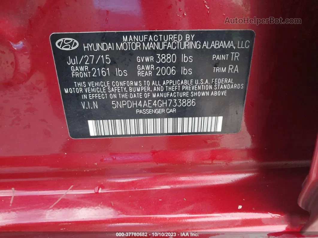 2016 Hyundai Elantra Se Красный vin: 5NPDH4AE4GH733886