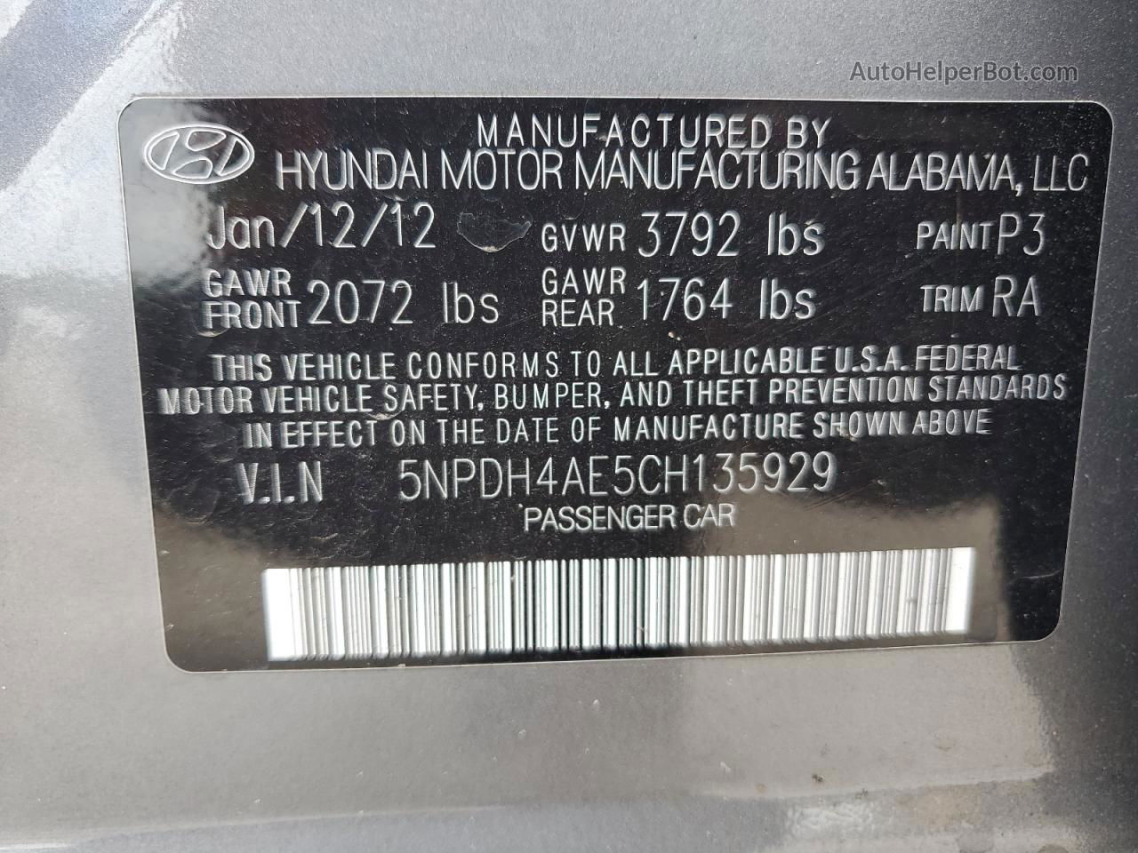 2012 Hyundai Elantra Gls Gray vin: 5NPDH4AE5CH135929