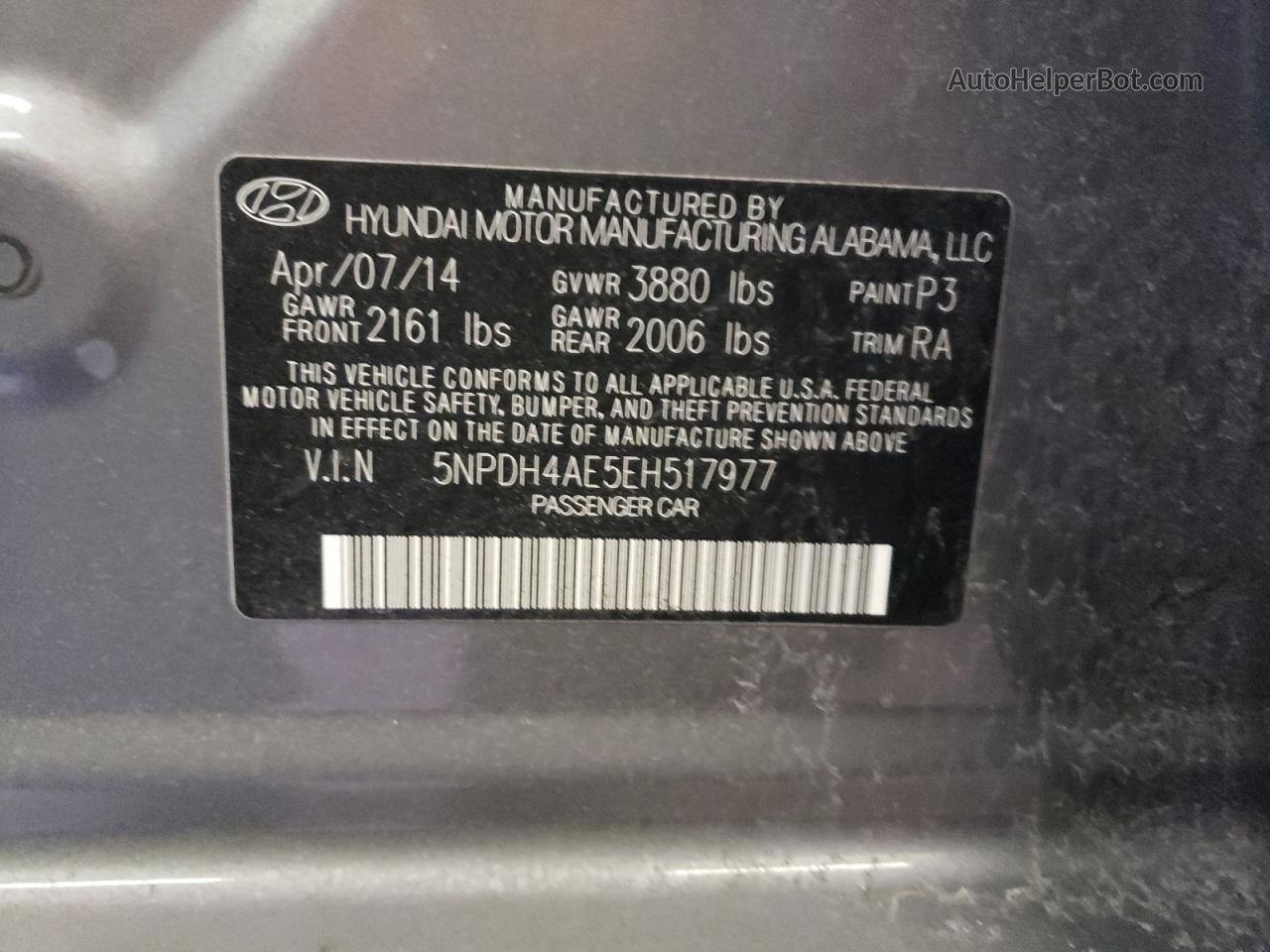 2014 Hyundai Elantra Se Gray vin: 5NPDH4AE5EH517977