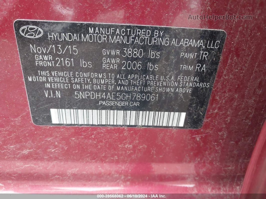 2016 Hyundai Elantra Se Red vin: 5NPDH4AE5GH789061