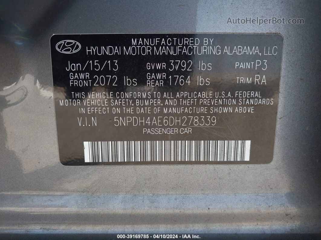 2013 Hyundai Elantra Gls Gray vin: 5NPDH4AE6DH278339