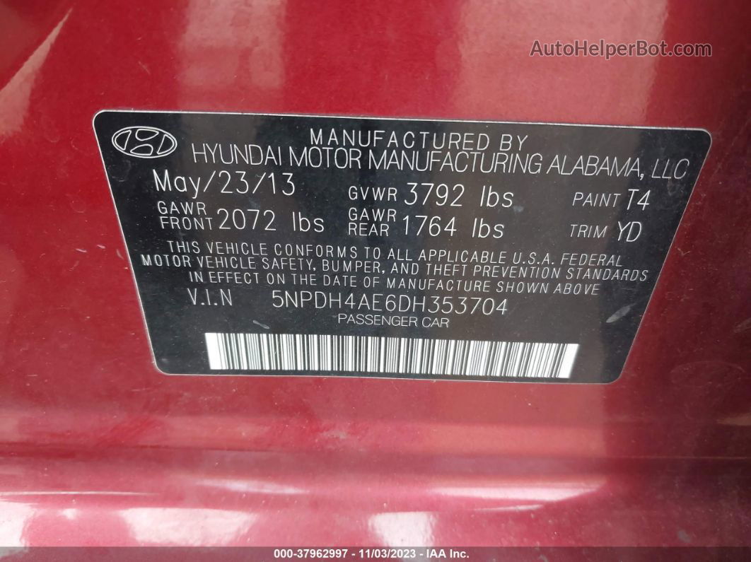 2013 Hyundai Elantra Gls Red vin: 5NPDH4AE6DH353704