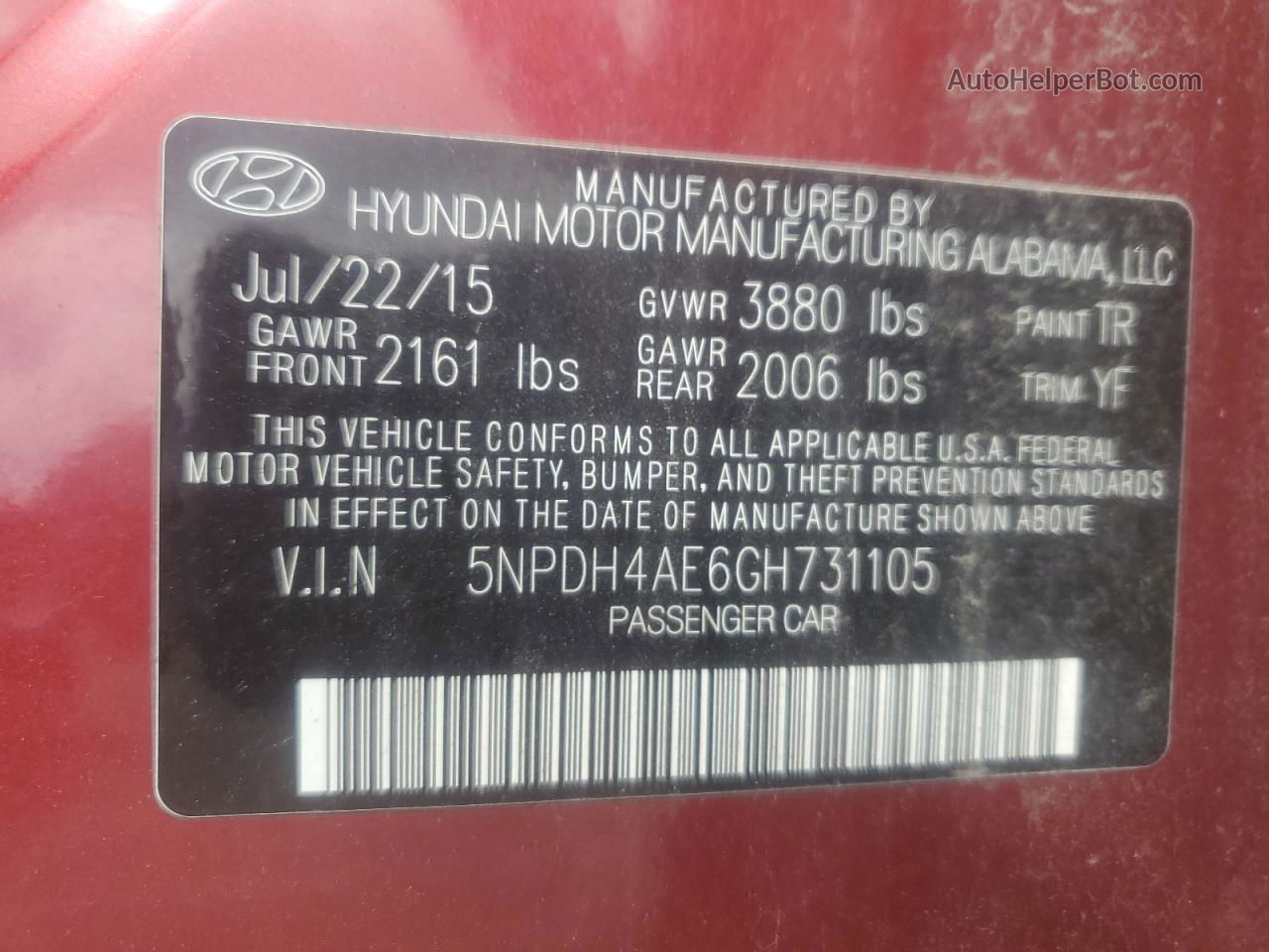 2016 Hyundai Elantra Se Red vin: 5NPDH4AE6GH731105