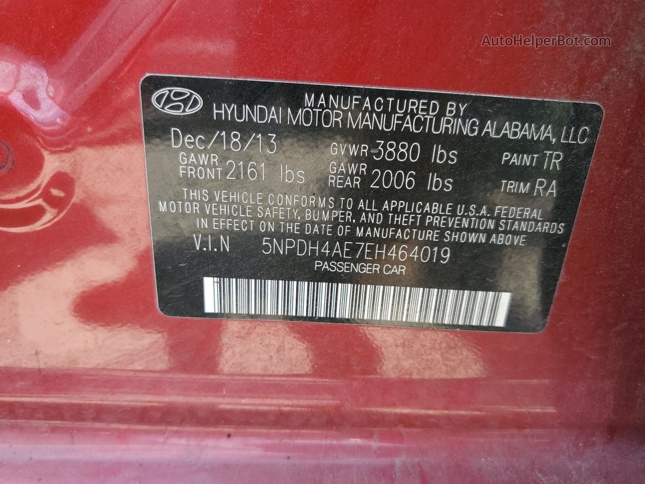 2014 Hyundai Elantra Se Red vin: 5NPDH4AE7EH464019