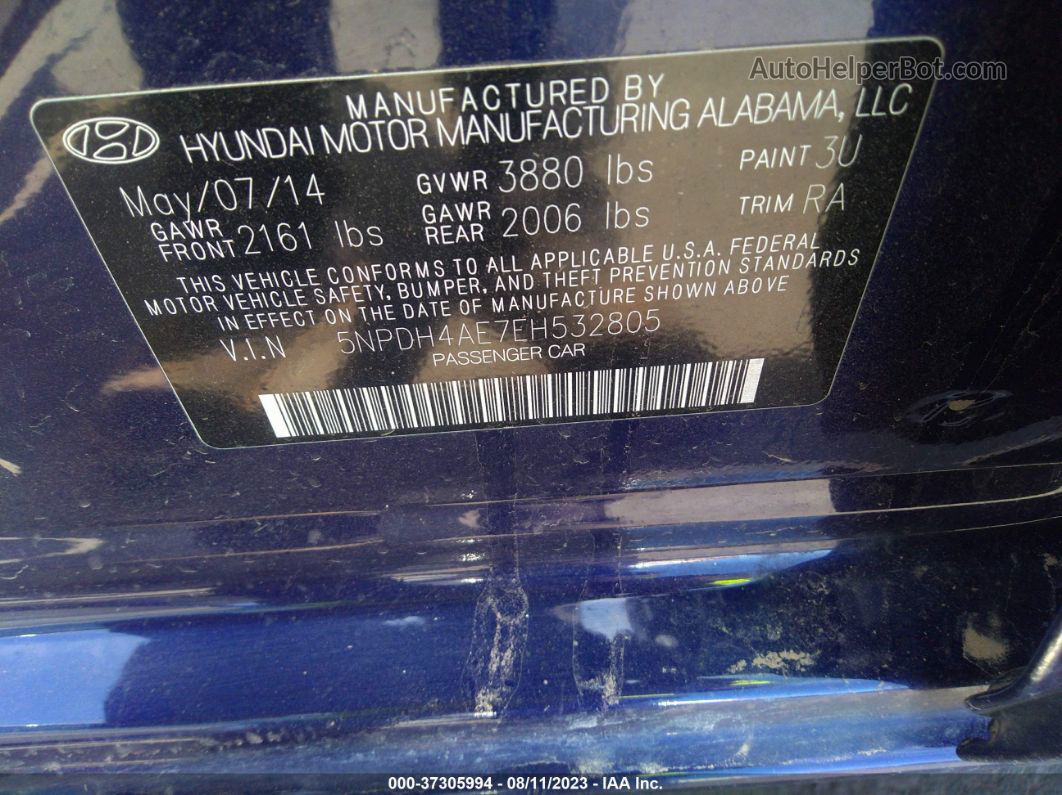 2014 Hyundai Elantra Se Blue vin: 5NPDH4AE7EH532805