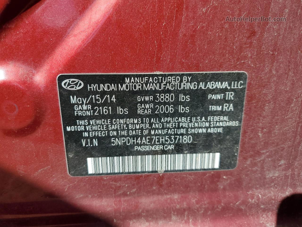 2014 Hyundai Elantra Se Red vin: 5NPDH4AE7EH537180