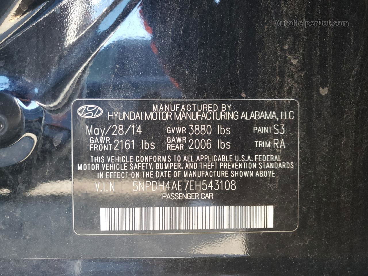 2014 Hyundai Elantra Se Черный vin: 5NPDH4AE7EH543108