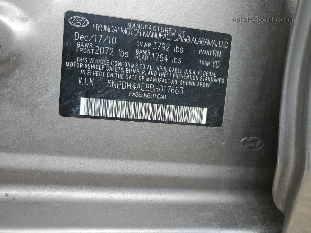 2011 Hyundai Elantra Gls Серый vin: 5NPDH4AE8BH017663