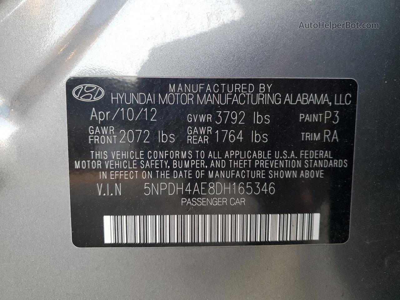 2013 Hyundai Elantra Gls Gray vin: 5NPDH4AE8DH165346