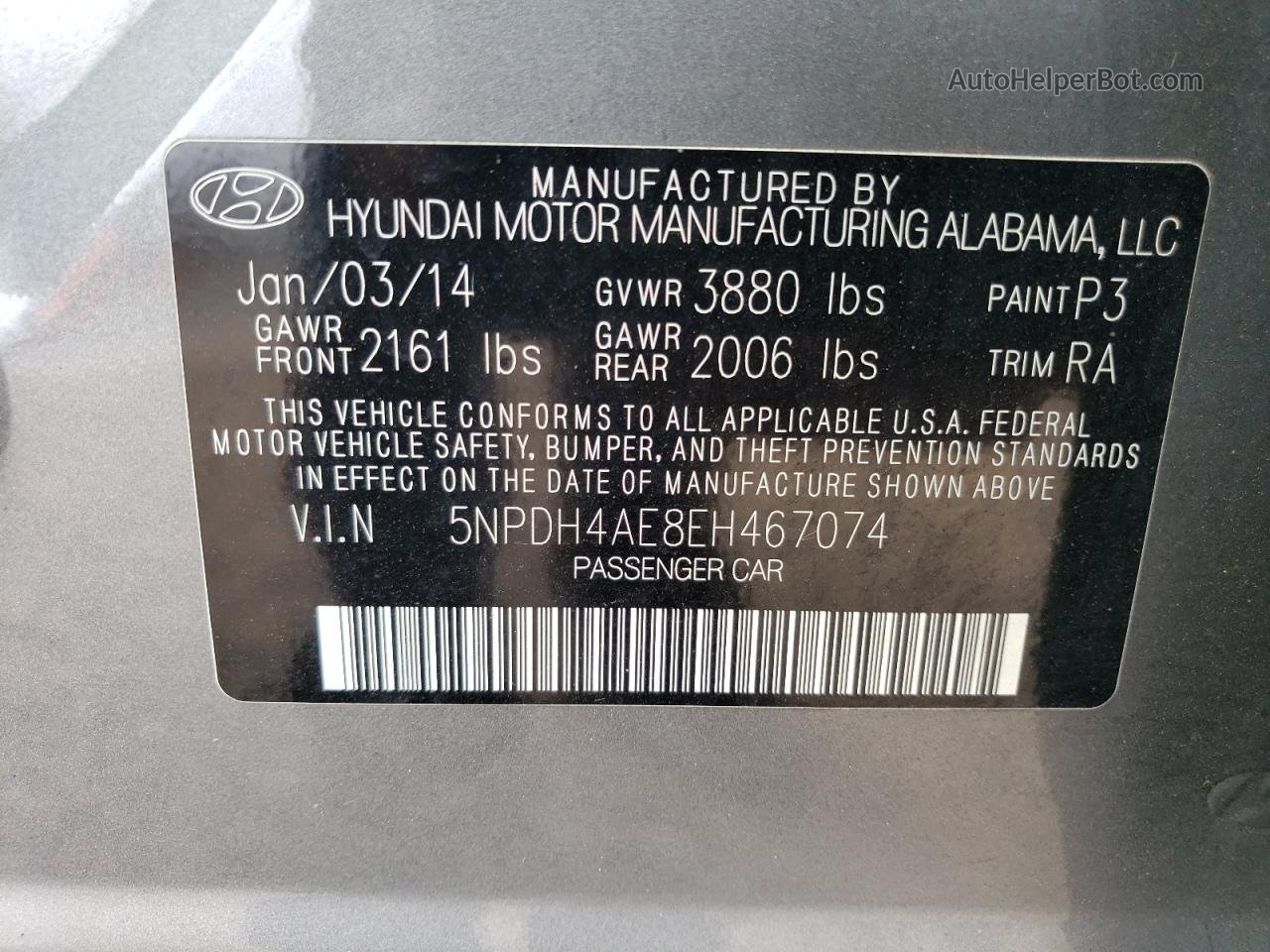 2014 Hyundai Elantra Se Gray vin: 5NPDH4AE8EH467074